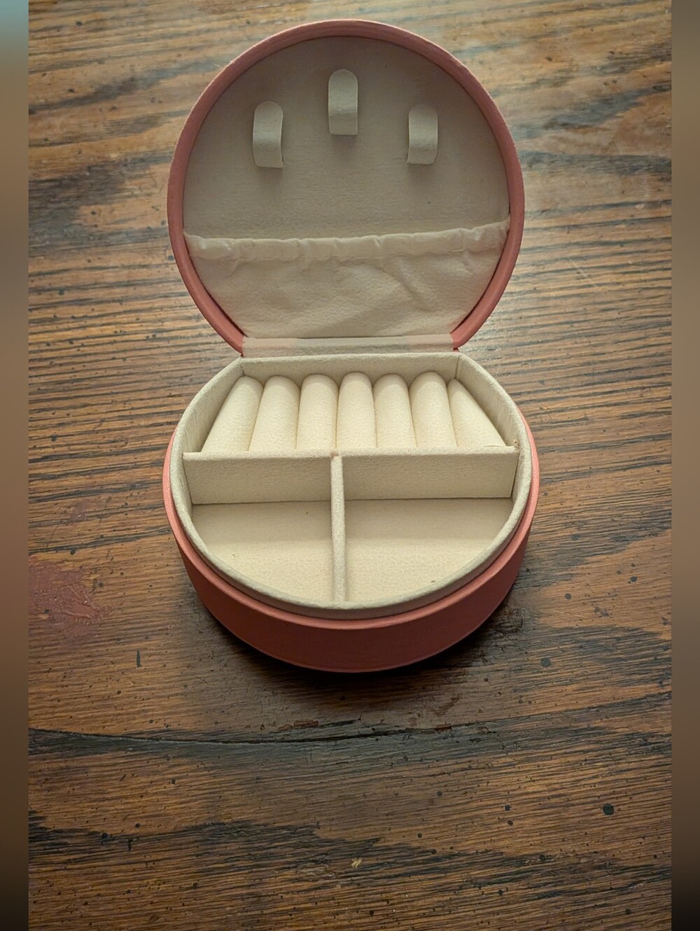 Round Pink Travel Jewelry Case with Cream Interior
